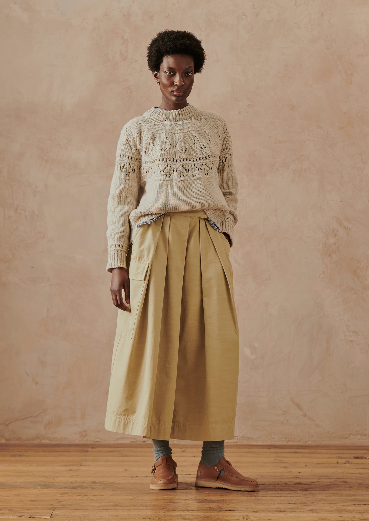 Textured Yoke Wool Cotton Sweater | Bone