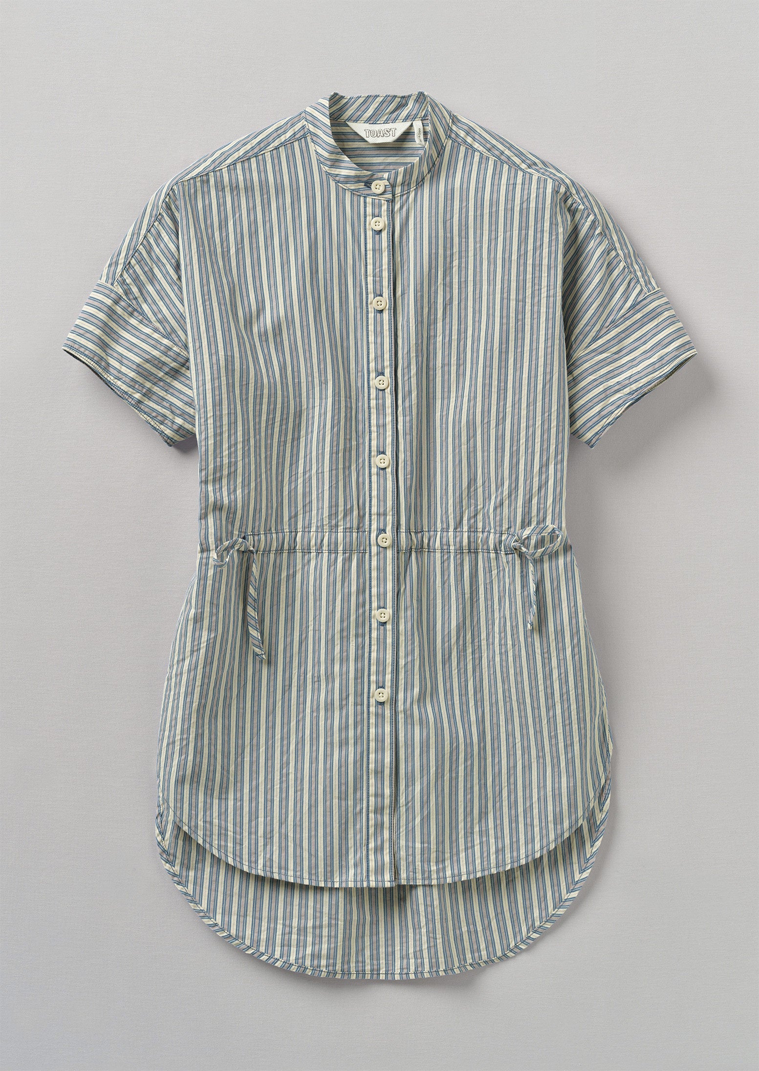 Stripe Organic Crinkle Poplin Gathered Shirt, Woad