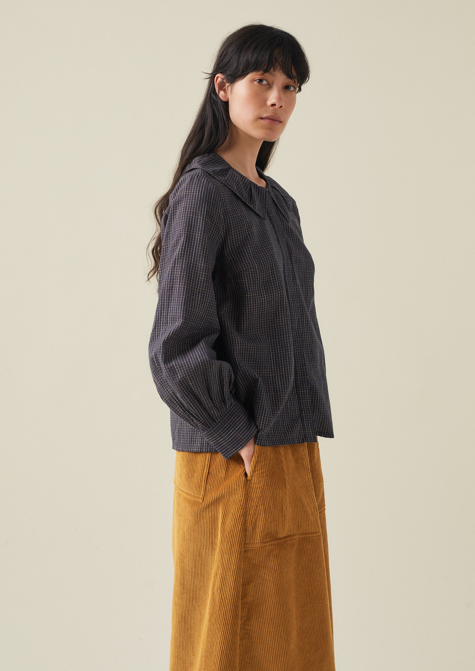 Ruffle Collar Slubby Check Shirt | Ink | TOAST