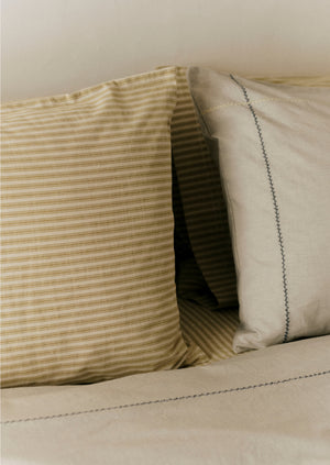 Fine Stripe Organic Cotton Embroidered Pillowcase | Ecru/Smoke Blue