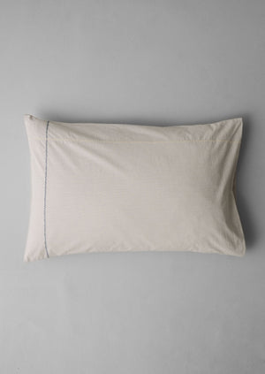 Fine Stripe Organic Cotton Embroidered Pillowcase | Ecru/Smoke Blue