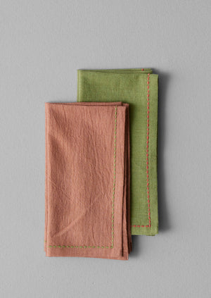 Embroidered Cotton Linen Napkin Set | Moss/Clay