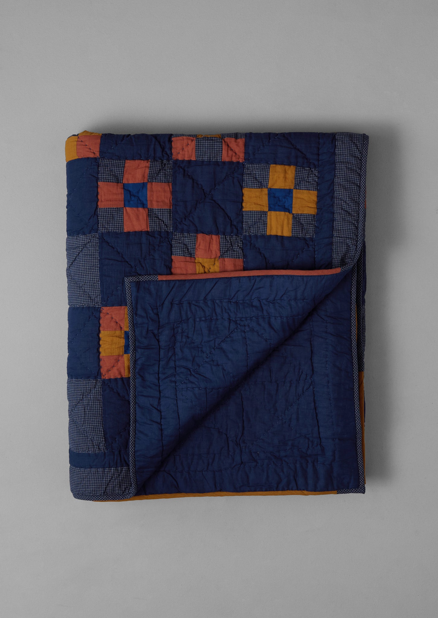 Astrid Check Patchwork Cotton Quilt | Deepest Blue/Sienna