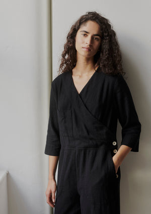 Brushed Cotton Linen Herringbone Jumpsuit | Slate