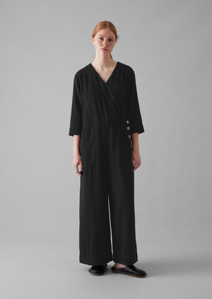 Brushed Cotton Linen Herringbone Jumpsuit | Slate