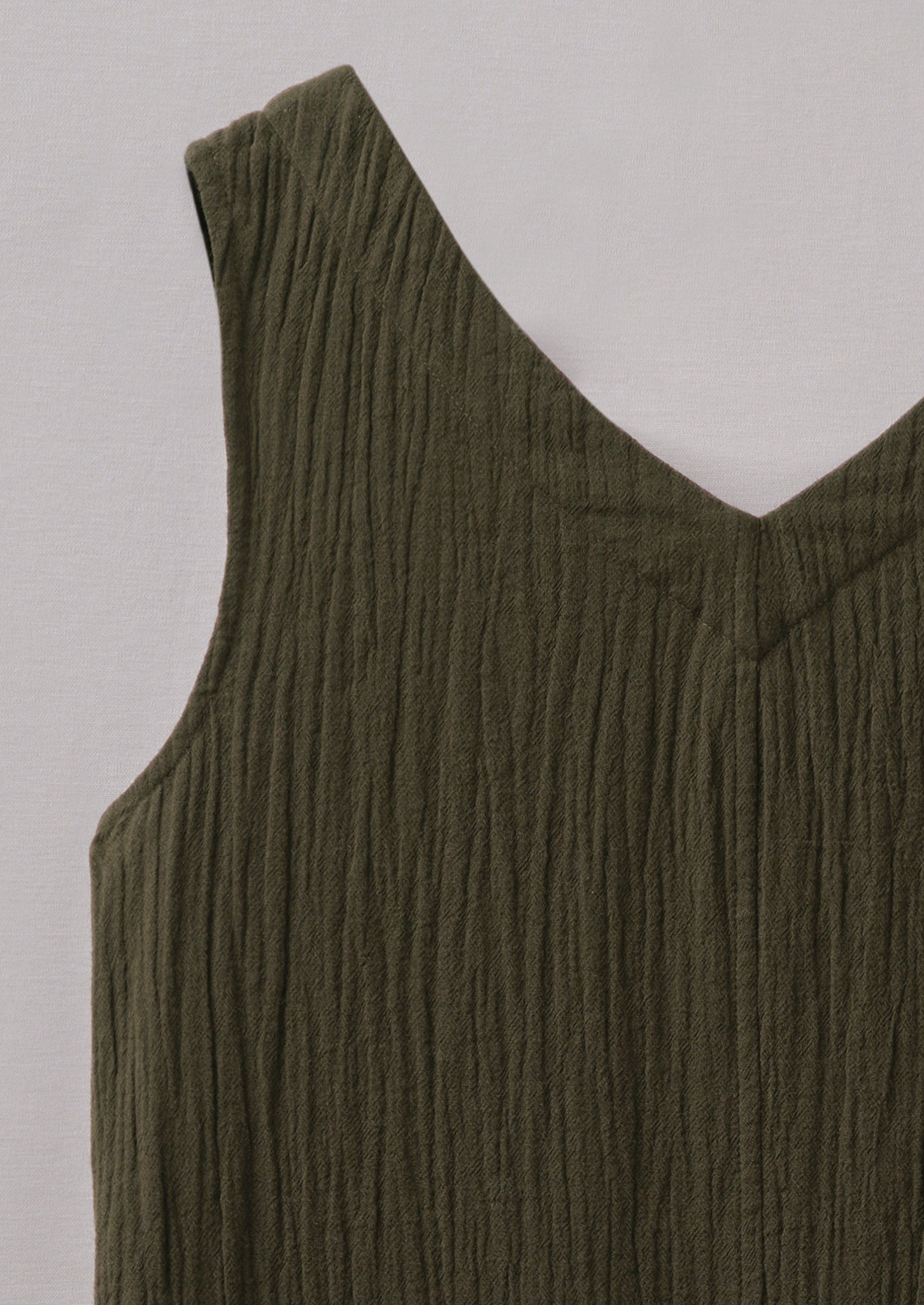 V-Neck Crinkle Cotton Dress, Darkest Olive