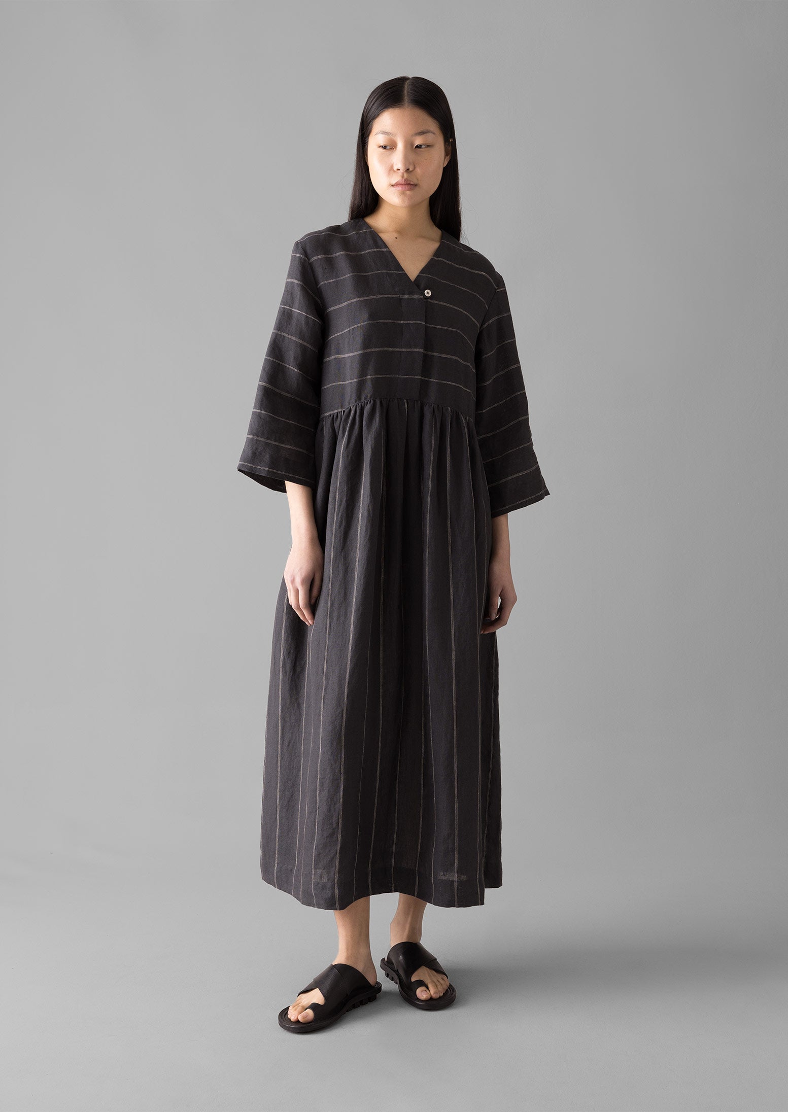 Fine Stripe Linen V-Neck Dress | Onyx | TOAST