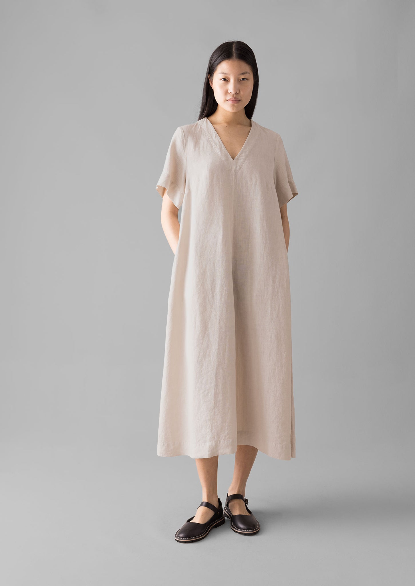 Garment Dyed Linen V-Neck Dress | Stone