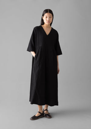 Crinkled Cotton V-Neck Dress | Black