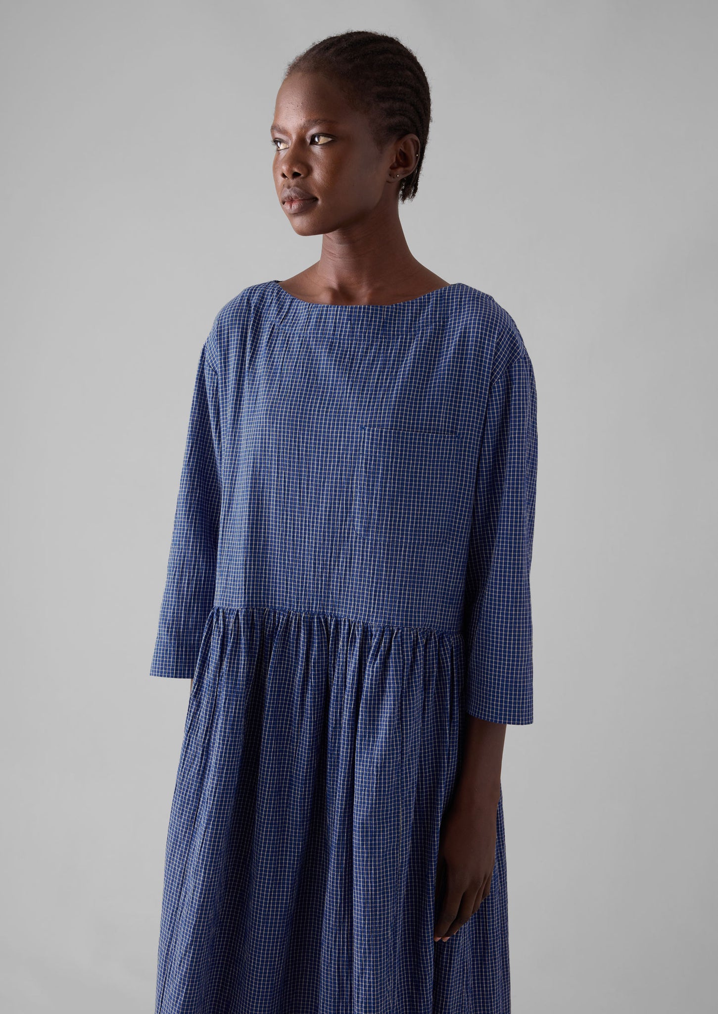 Check Crinkle Cotton Boat Neck Dress | Cobalt