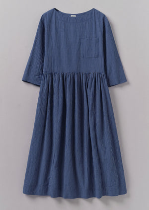 Check Crinkle Cotton Boat Neck Dress | Cobalt