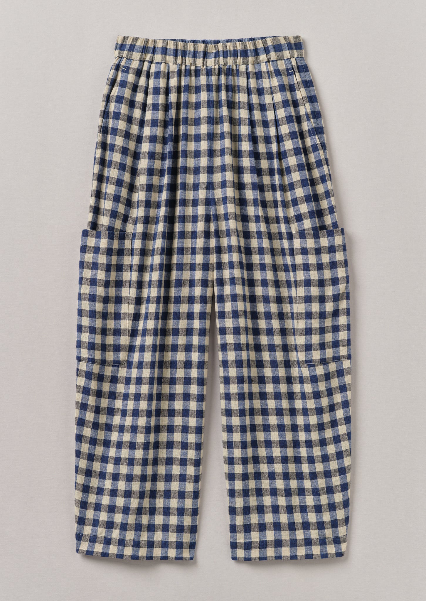 Gingham Linen Cotton Patch Pocket Trousers | Denim Blue