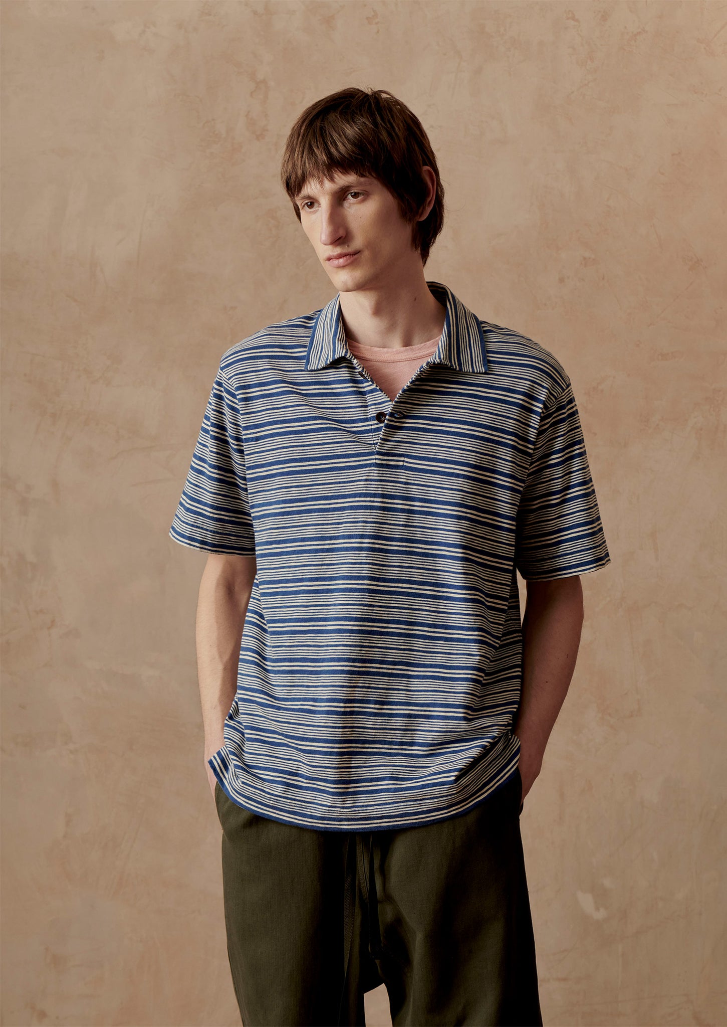 Stripe Organic Cotton Jersey Polo Shirt | Thistle/Putty | TOAST