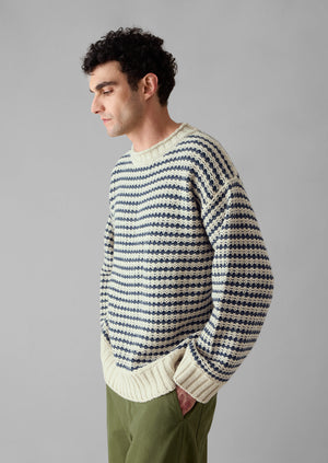 Tucking Stripe Wool Cotton Sweater | Ecru/Navy