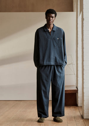 Brushed Cotton Herringbone Drawstring Trousers | Blue Slate