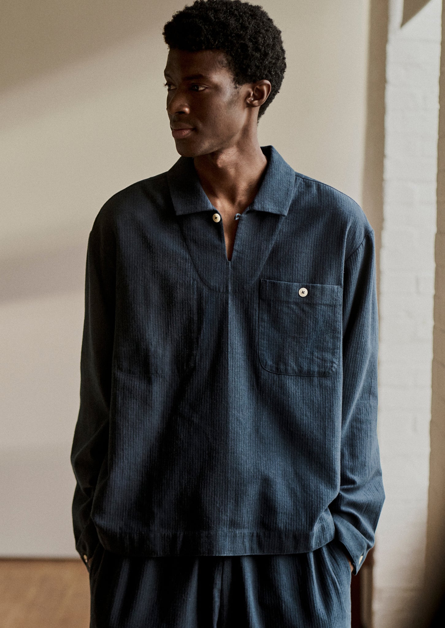 Brushed Cotton Herringbone Smock | Blue Slate