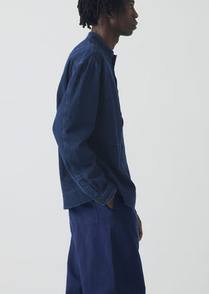 Grandad Collar Half Placket Denim Shirt | Indigo