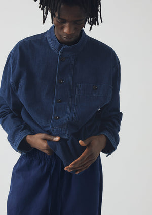 Grandad Collar Half Placket Denim Shirt | Indigo