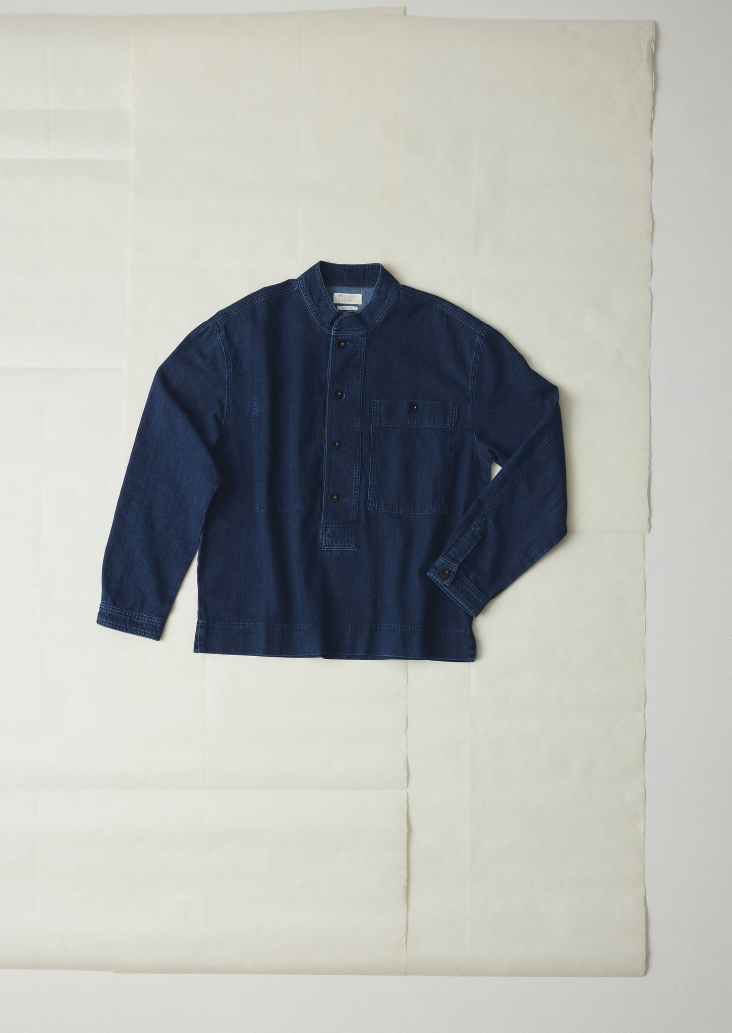 Grandad Collar Half Placket Denim Shirt | Indigo