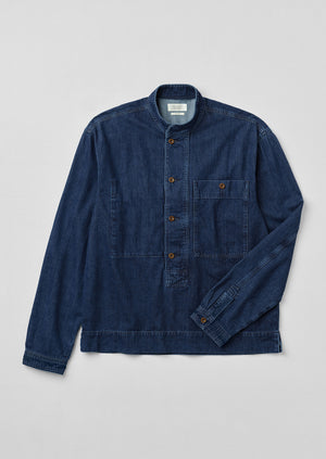 Grandad Collar Half Placket Denim Shirt | Indigo