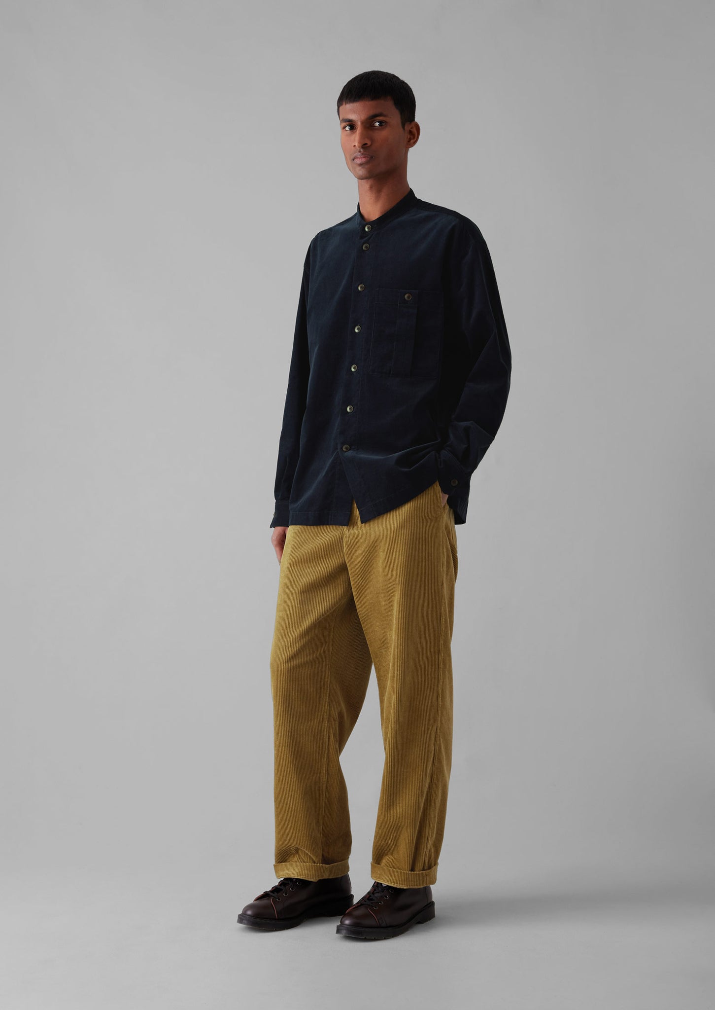 Dropped Shoulder Organic Cord Grandad Shirt | Navy