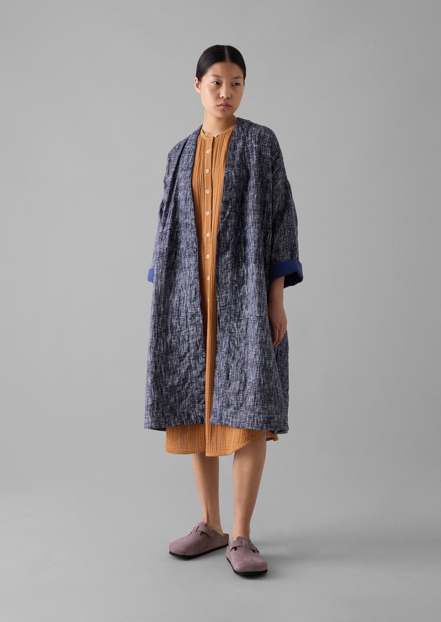 Hand Woven Crosshatch Kantha Gown | Deep Blue