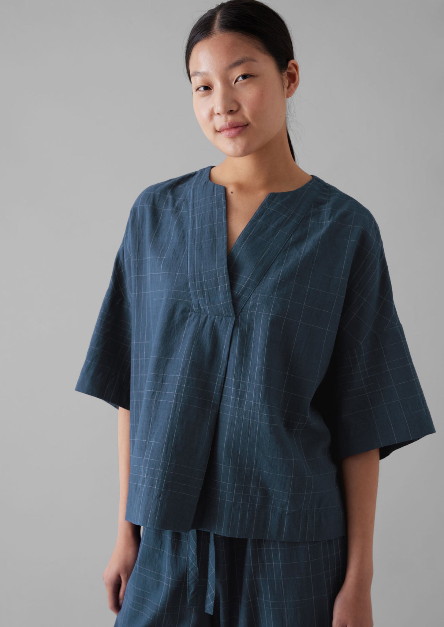 Sketched Check Cotton Pyjama Top | Twilight/Ecru