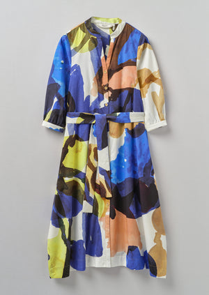 Abstract Paint Organic Cotton Poplin Dress | Woad/Multi | TOAST