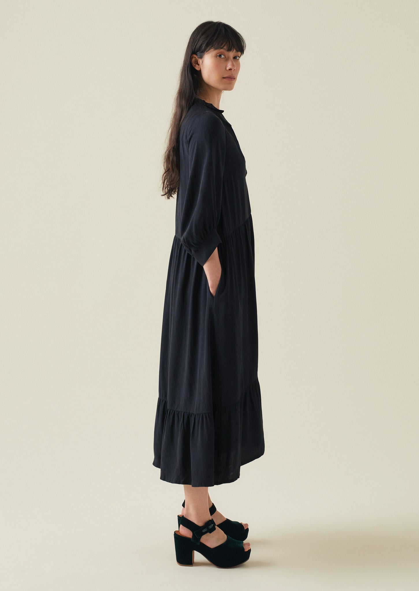 Tiered Crinkle Twill Dress | Midnight | TOAST