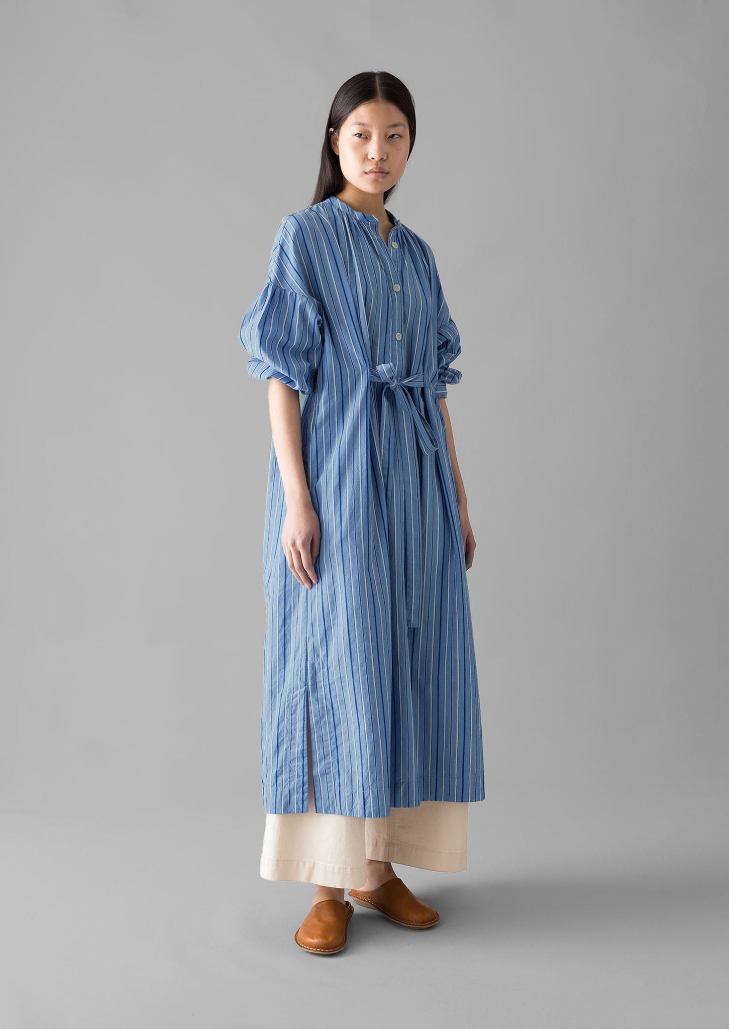 Stripe Poplin Gathered Dress | Sodalite Blue | TOAST