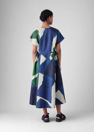 Washi Print Linen Cotton Dress | Ecru/Blue/Green