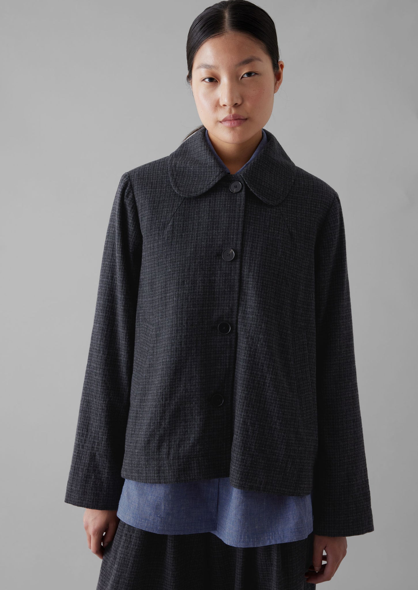 Seersucker Check Round Collar Jacket | Black Indigo