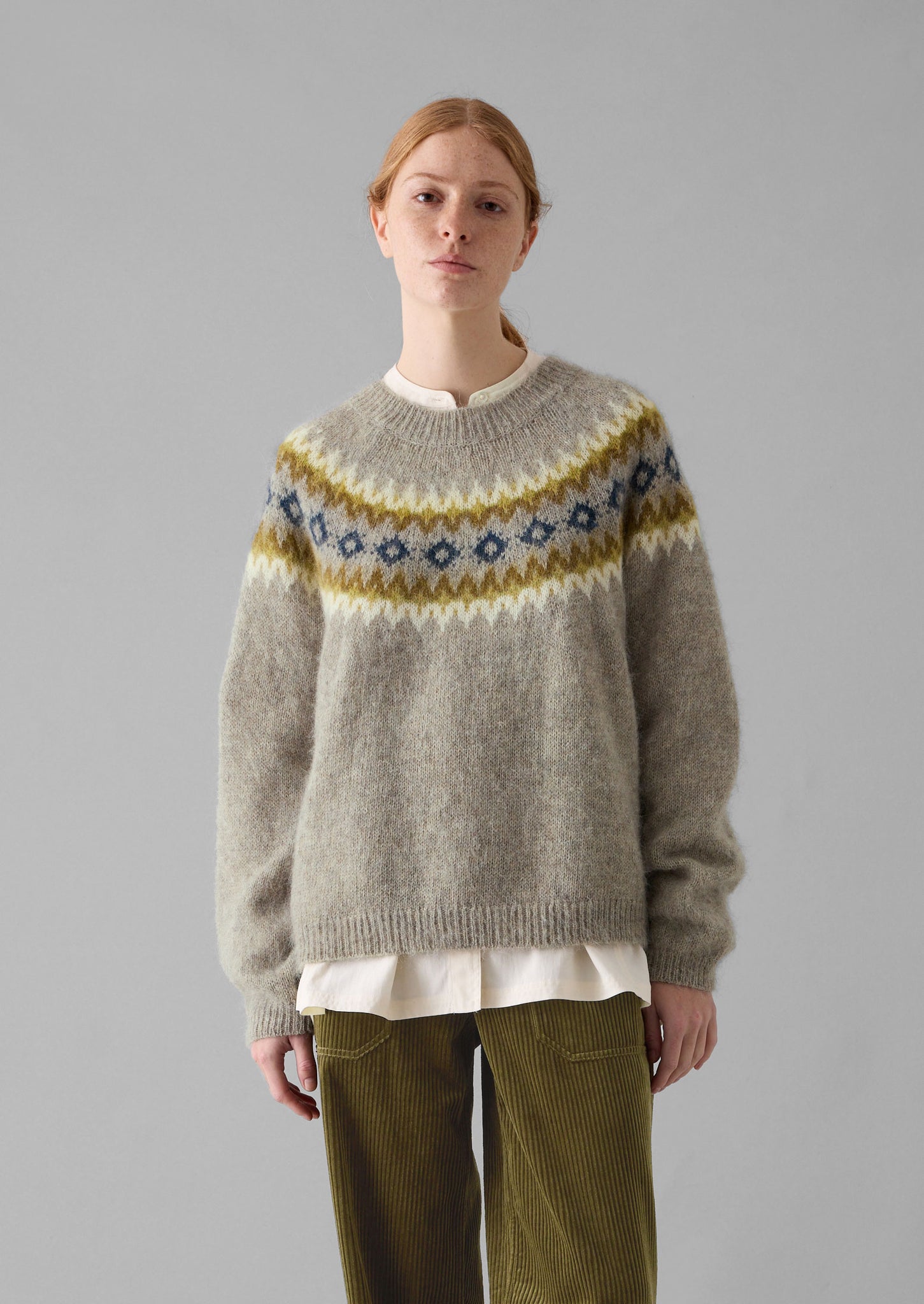 Fair Isle Yoke Mohair Blend Easy Sweater | Green Multi