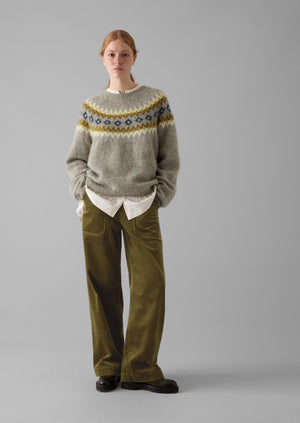 Fair Isle Yoke Mohair Blend Easy Sweater | Green Multi