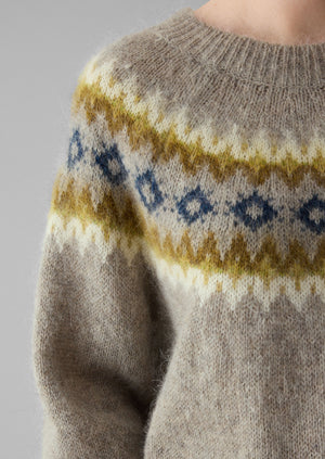 Fair Isle Yoke Mohair Blend Easy Sweater | Green Multi