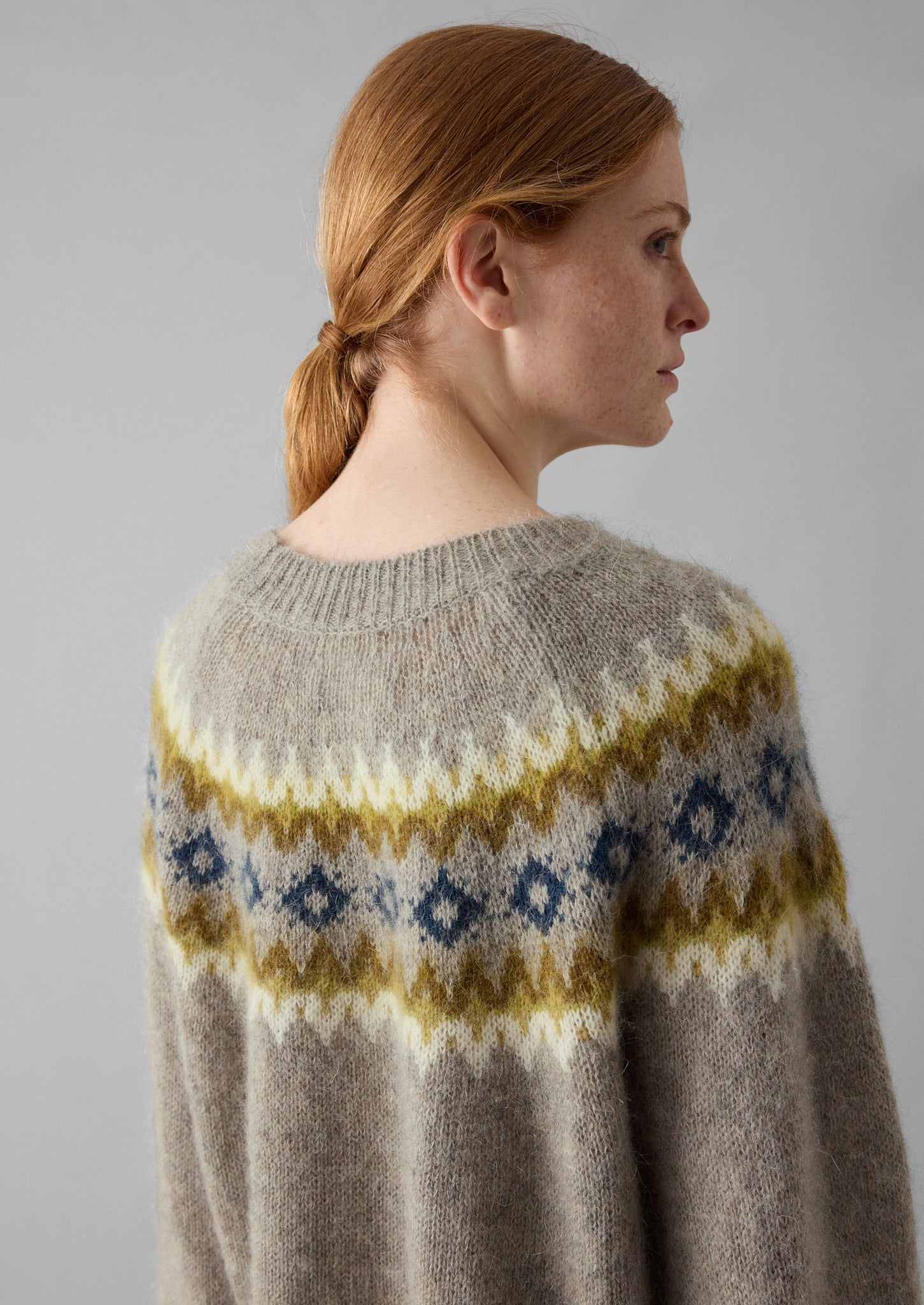 Fair Isle Yoke Mohair Blend Easy Sweater | Green Multi