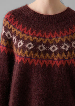 Fair Isle Yoke Mohair Blend Easy Sweater | Red Multi