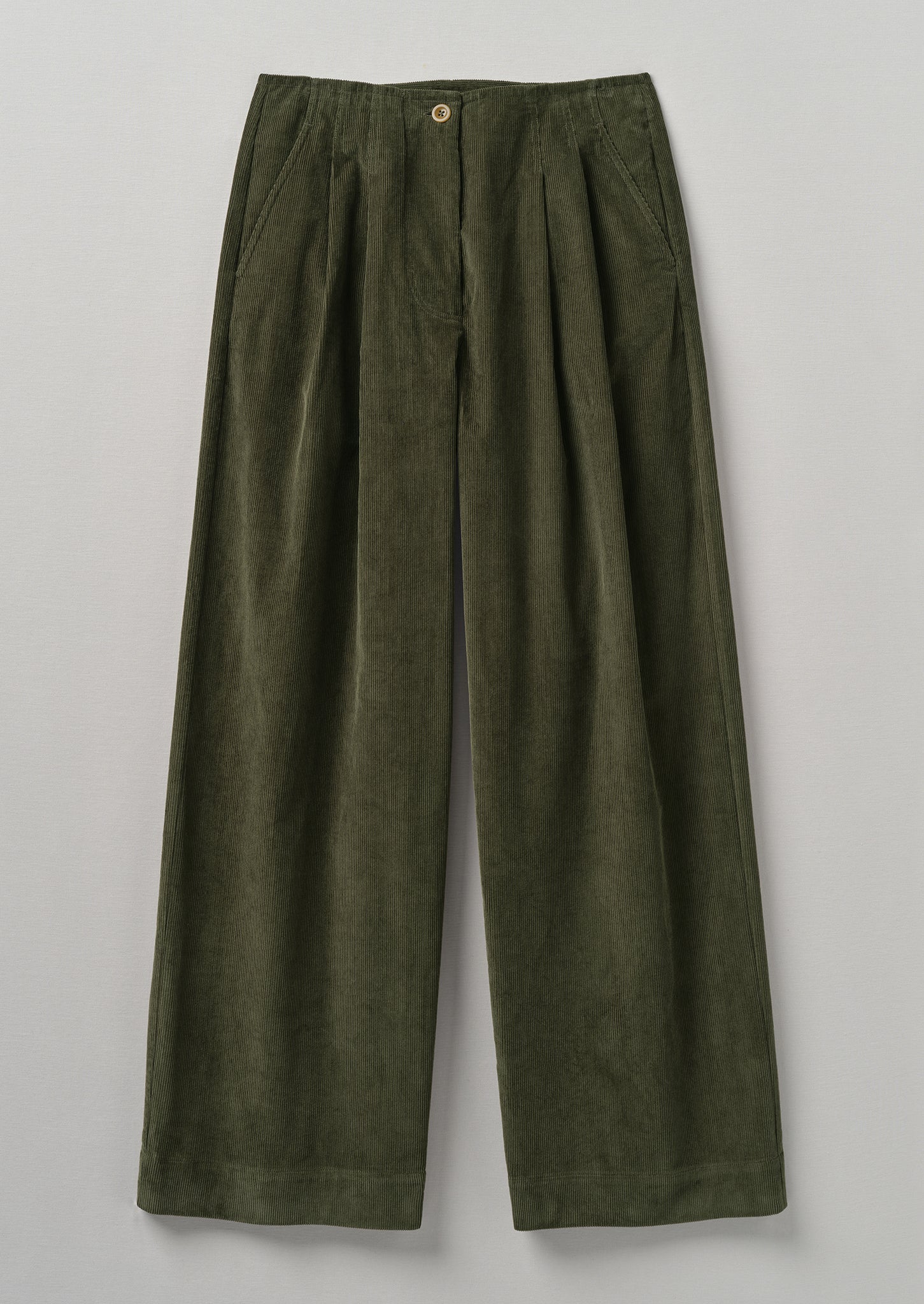 Pleated Organic Soft Cord Trousers, Tent Green