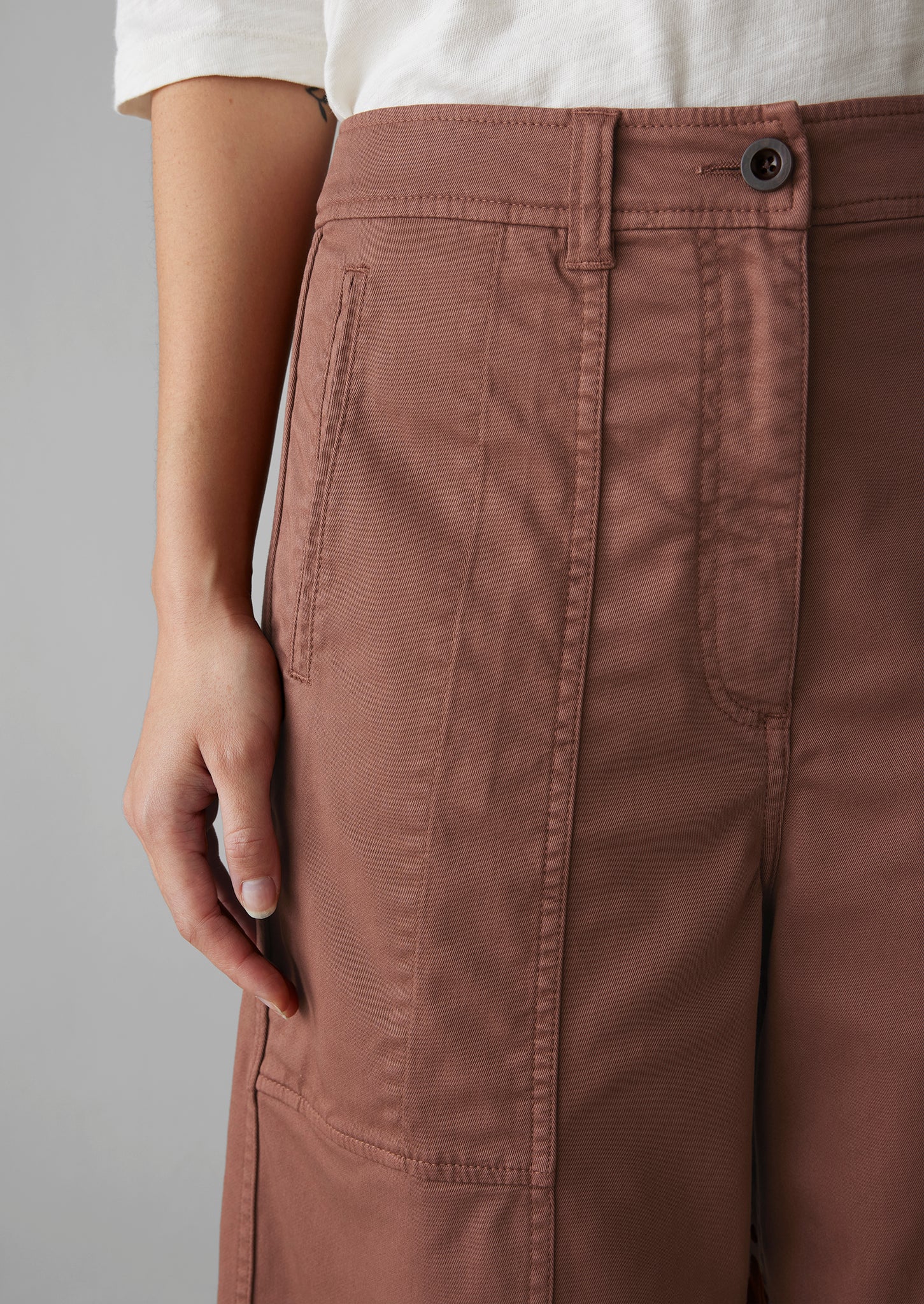 Panelled Cotton Twill Trousers, Dusty Pink