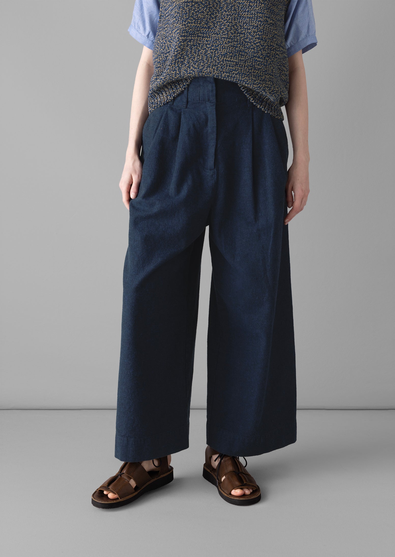 Hemp Cotton Paper Bag Trousers | Dark Chambray Blue | TOAST