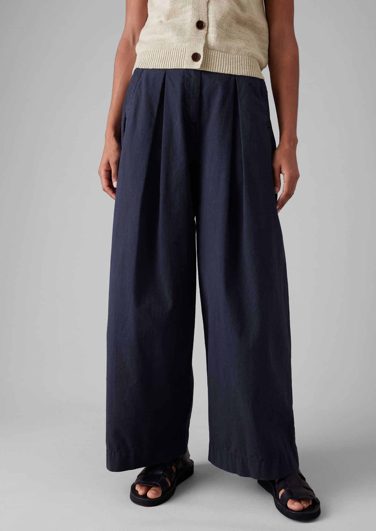 Belted Cotton Linen Poplin Wide Leg Trousers | Raven Blue