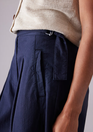 Belted Cotton Linen Poplin Wide Leg Trousers | Raven Blue