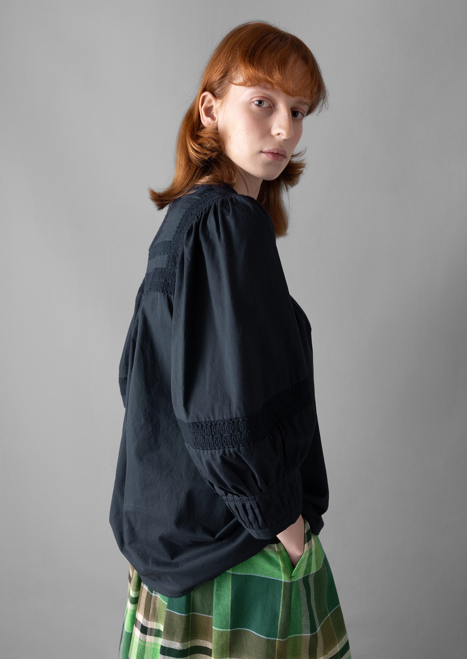 Gathered Sleeve Embroidered Cotton Shirt | Slate Navy | TOAST