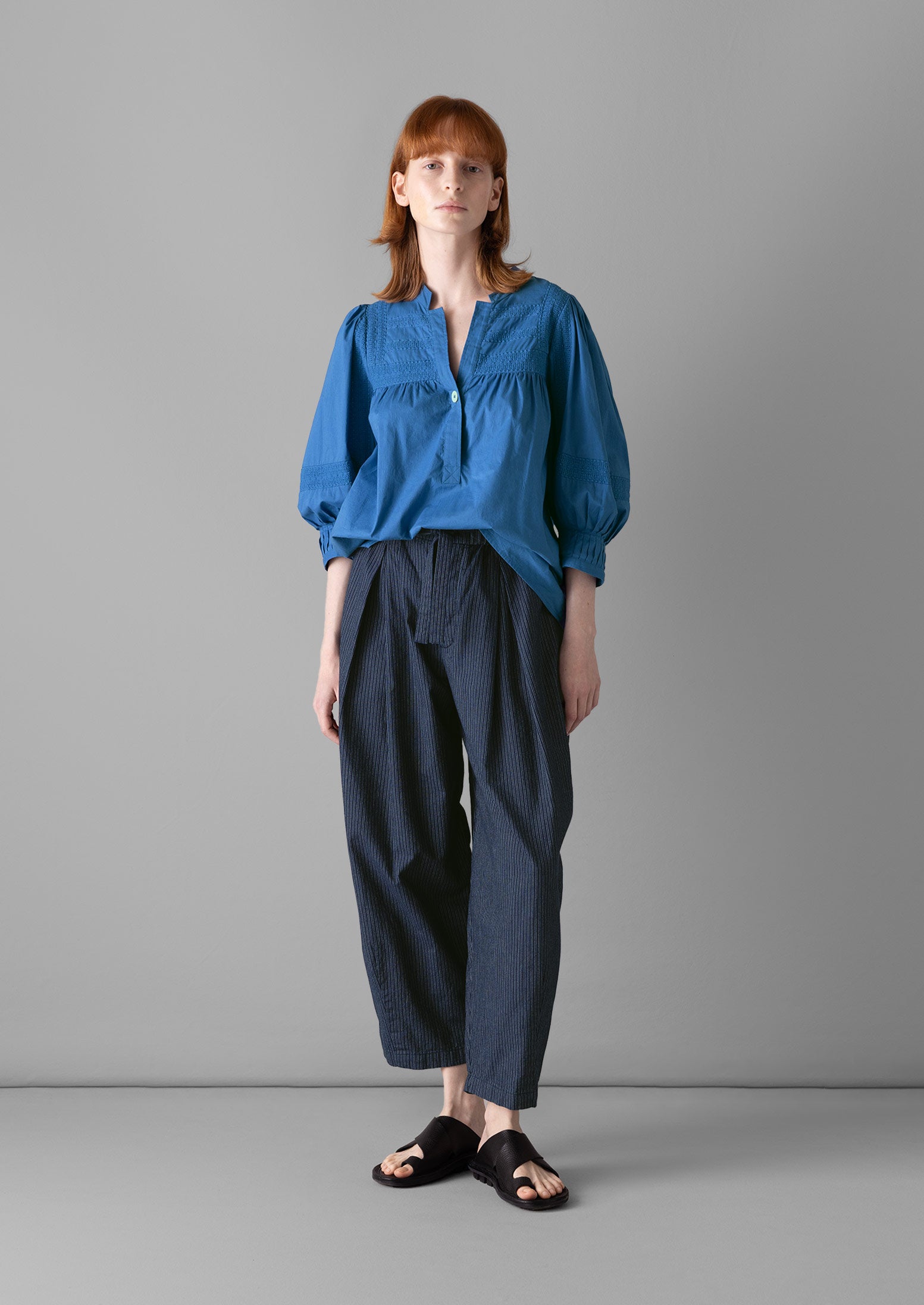 Gathered Sleeve Embroidered Cotton Shirt | Sea Blue | TOAST