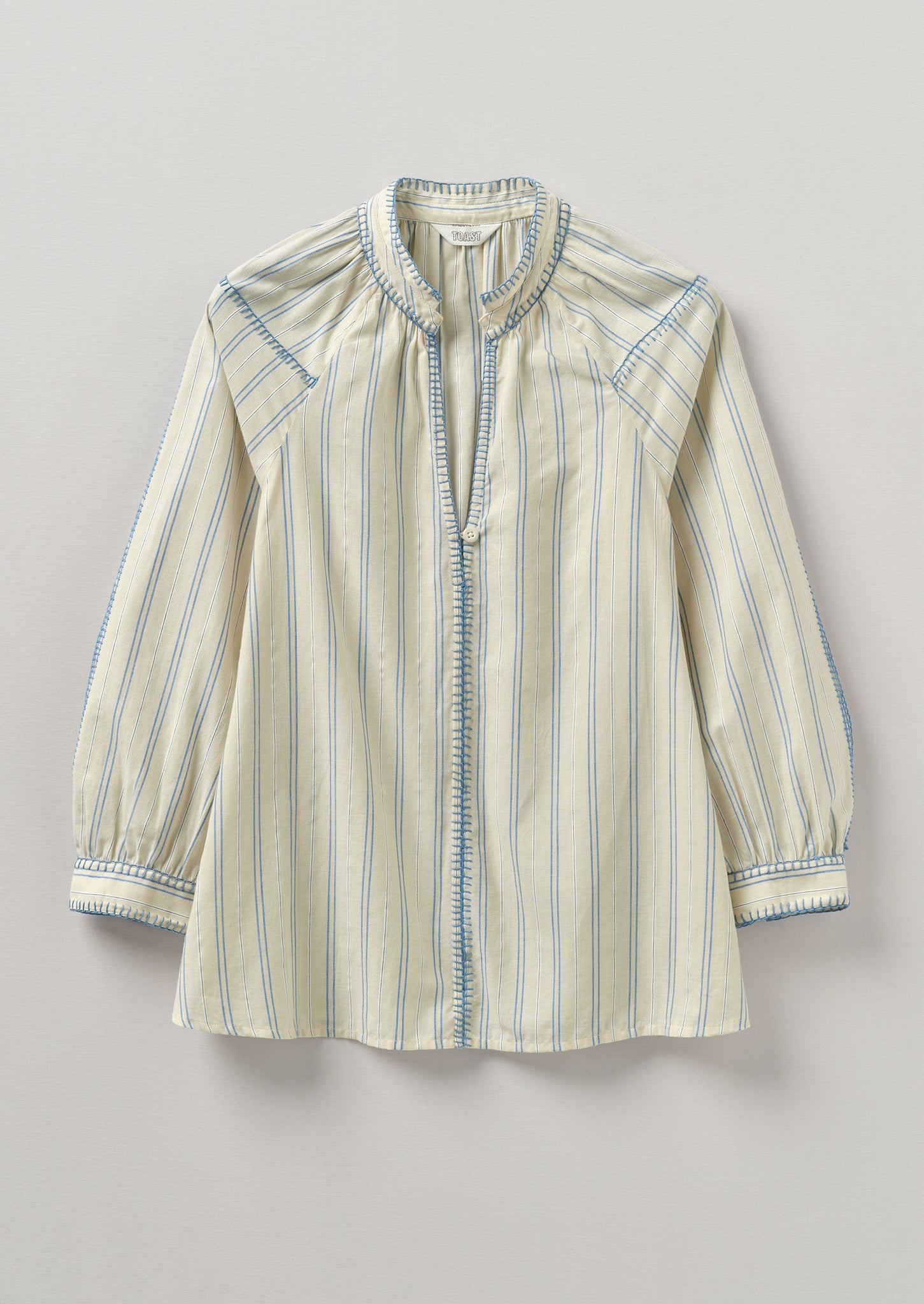 Blanket Stitch Stripe Cotton Top | Delft Blue | TOAST