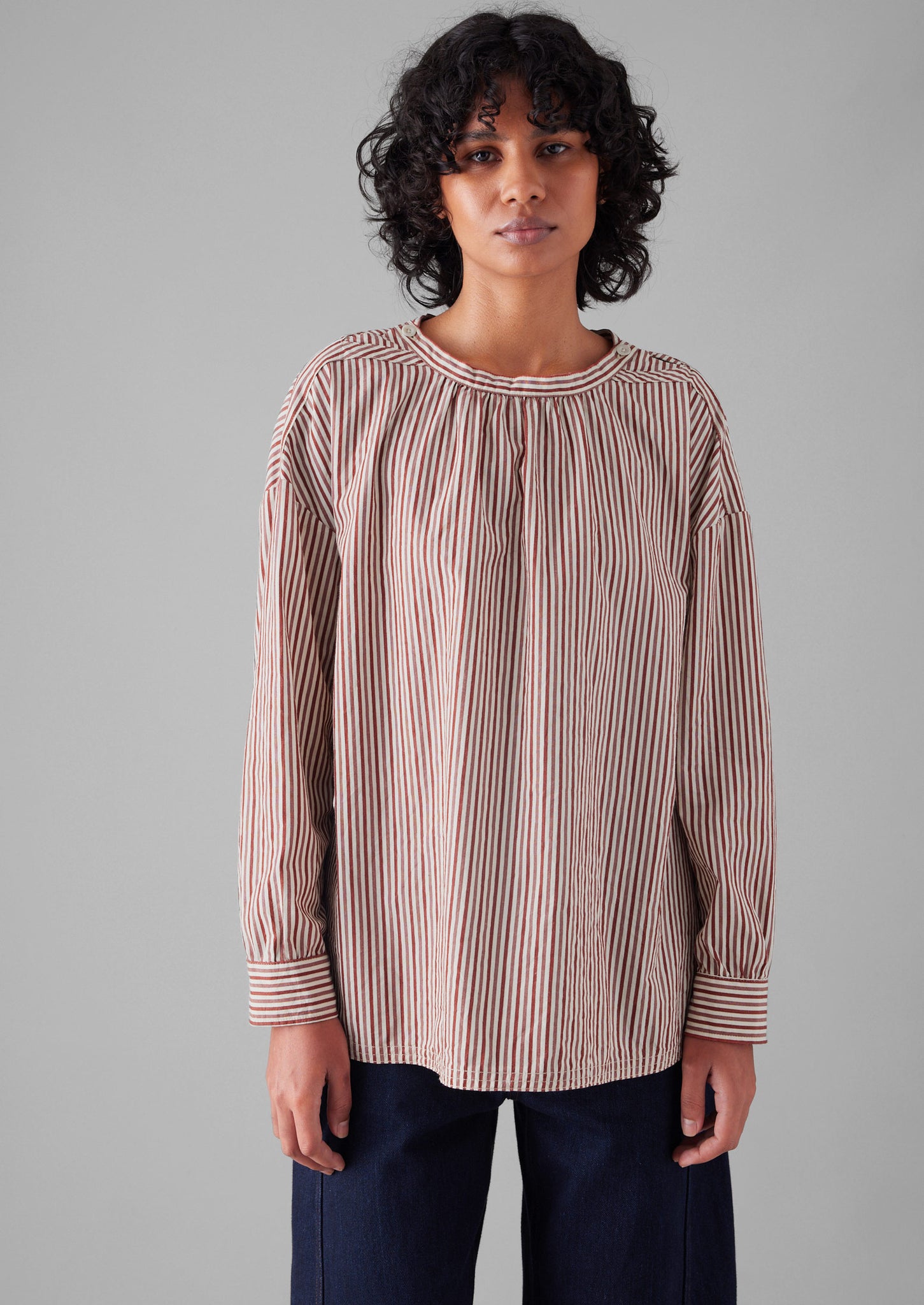 Stripe Cotton Gathered Smock Top | Brick/Ecru