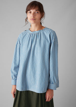 Stripe Cotton Gathered Smock Top | Ocean Blue/Ecru