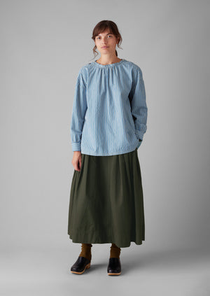 Stripe Cotton Gathered Smock Top | Ocean Blue/Ecru