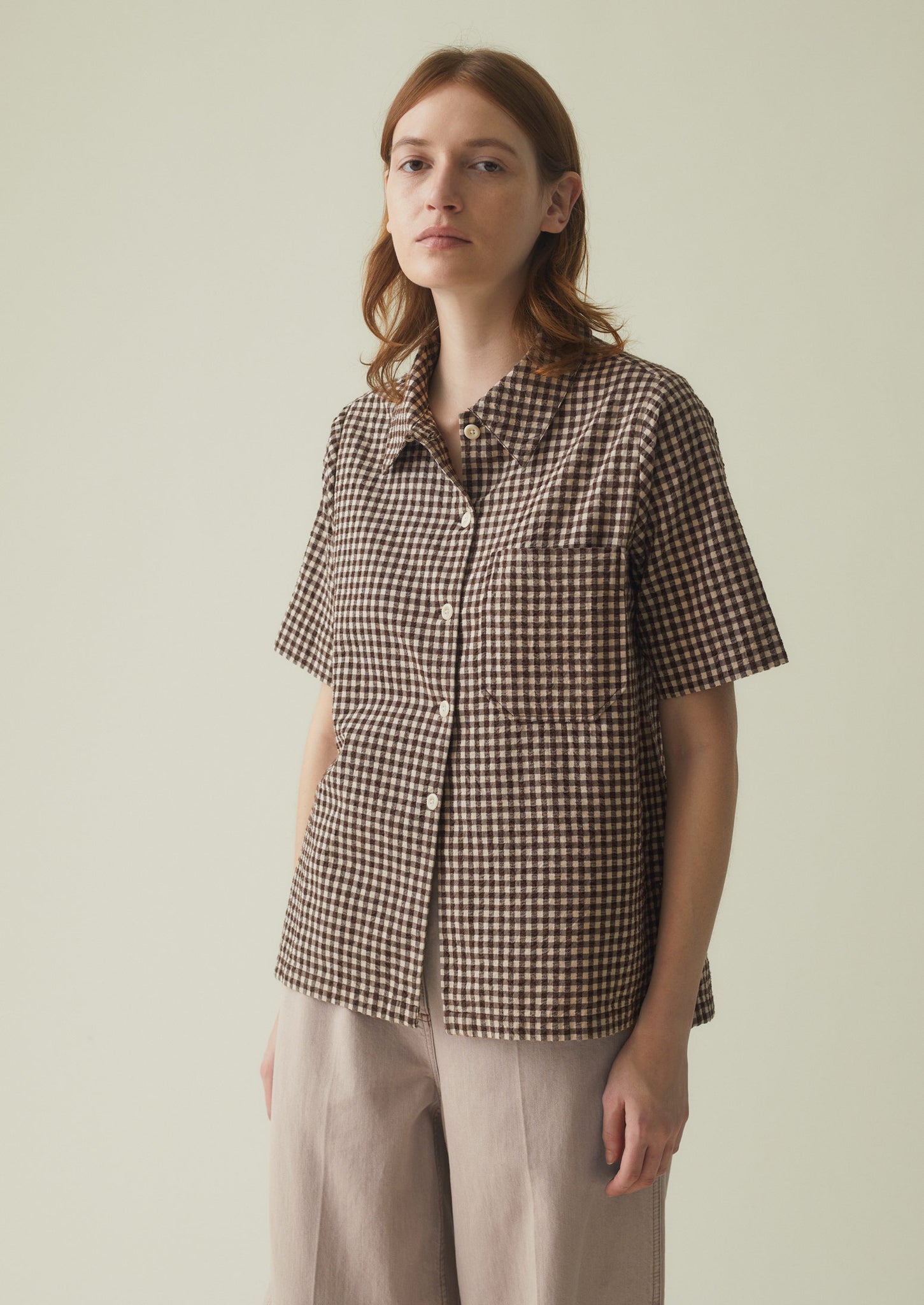 Gingham Seersucker Cotton Shirt | Timber/Ecru | TOAST